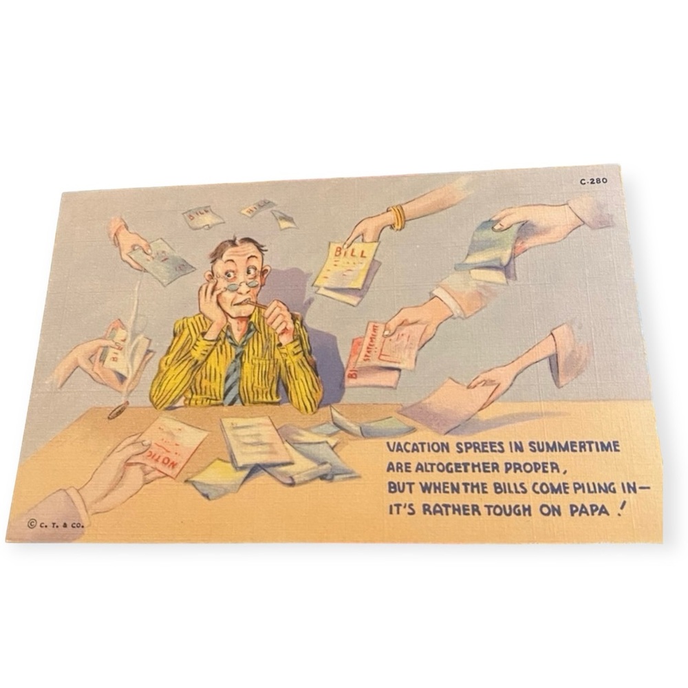 Vintage 1940โs Linen Postcard, Money Woes, Vintageโ Humor Gift, Unused